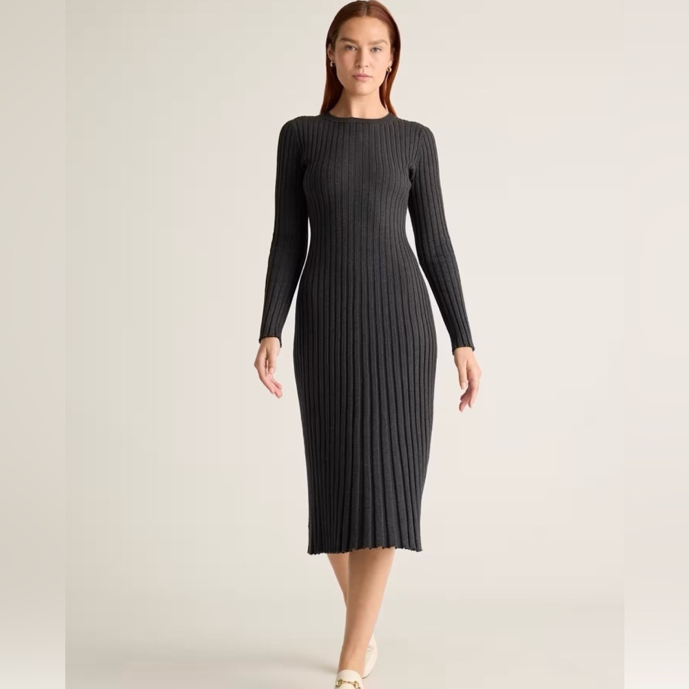 Quince Cotton Cashmere Ribbed Long Sleeve Crew Midi Dress charcoal Heather XL
